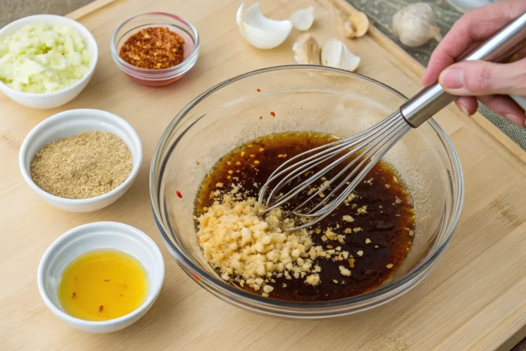 Whisking soy sauce, garlic, and ginger to prepare marinade for Asian marinated chicken thighs