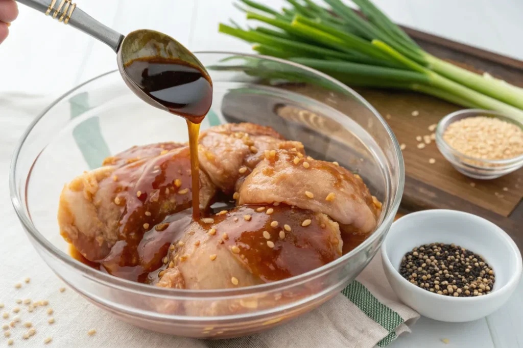 Raw chicken thighs soaking in a soy and honey Asian marinade inside a glass bowl