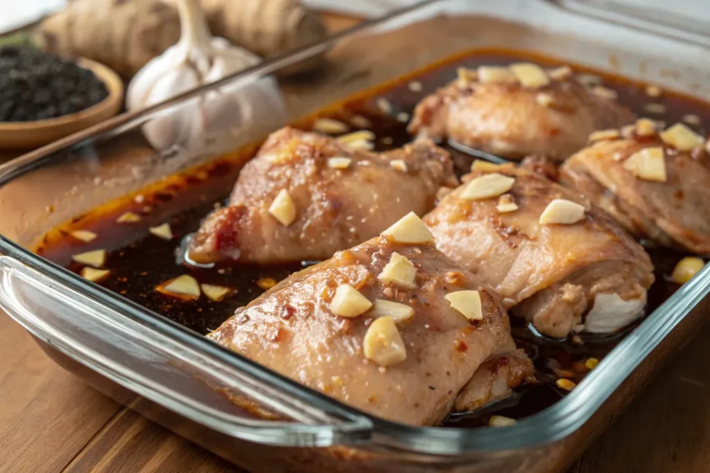 Raw chicken thighs soaking in soy-honey garlic marinade for Asian Glazed Chicken Thighs