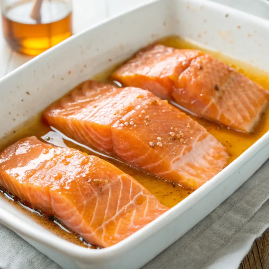 Raw salmon fillets coated in sweet savory Asian marinade