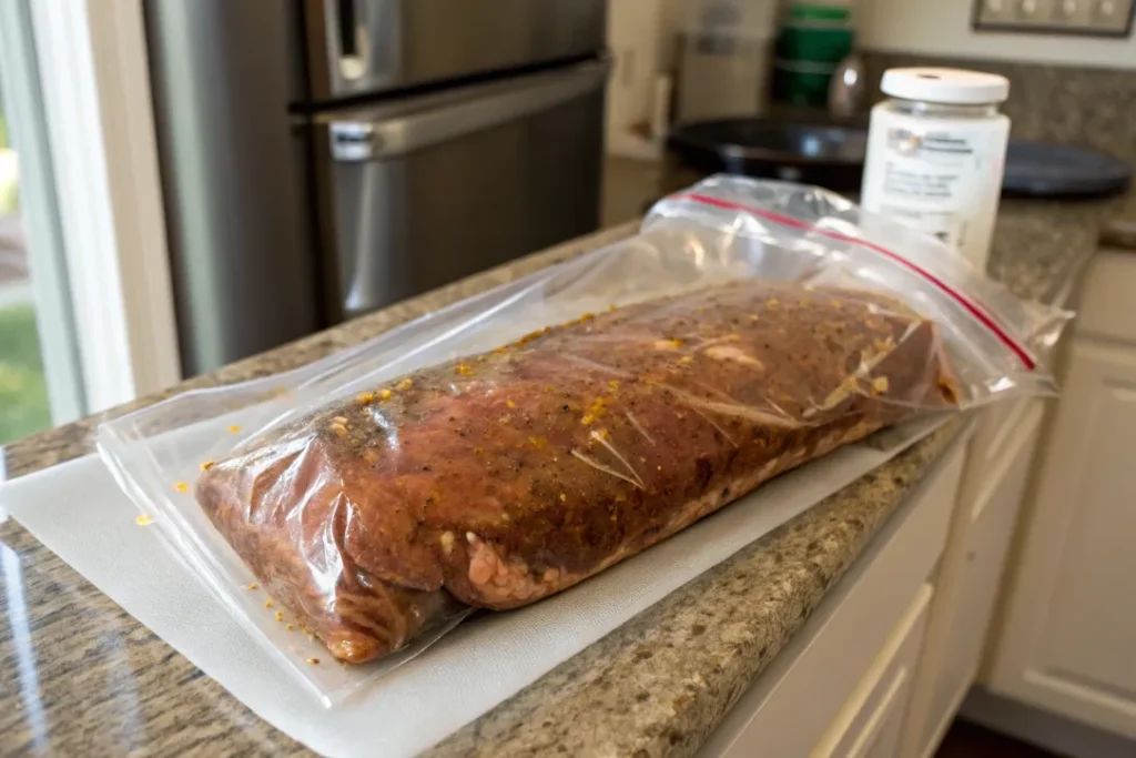 Pork tenderloin soaking in Asian-style marinade with garlic and ginger