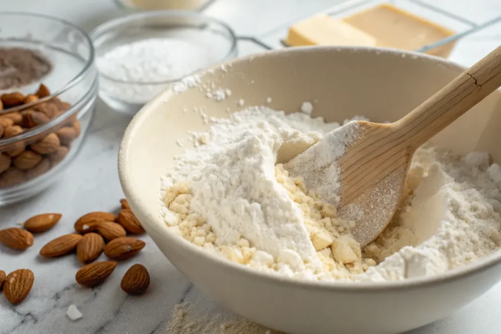 Flour and almond flour being folded into the cookie dough for Italian Wedding Cookies.