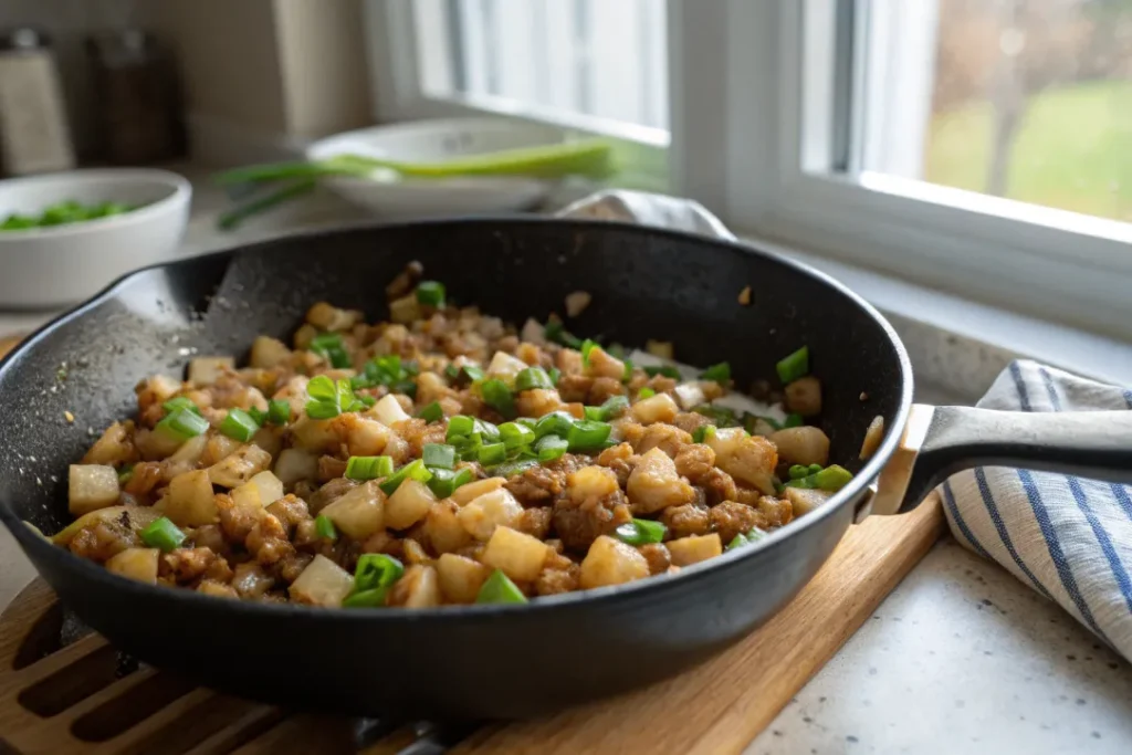 Asian Lettuce Wrap filling mixed with water chestnuts and green onions in a skillet