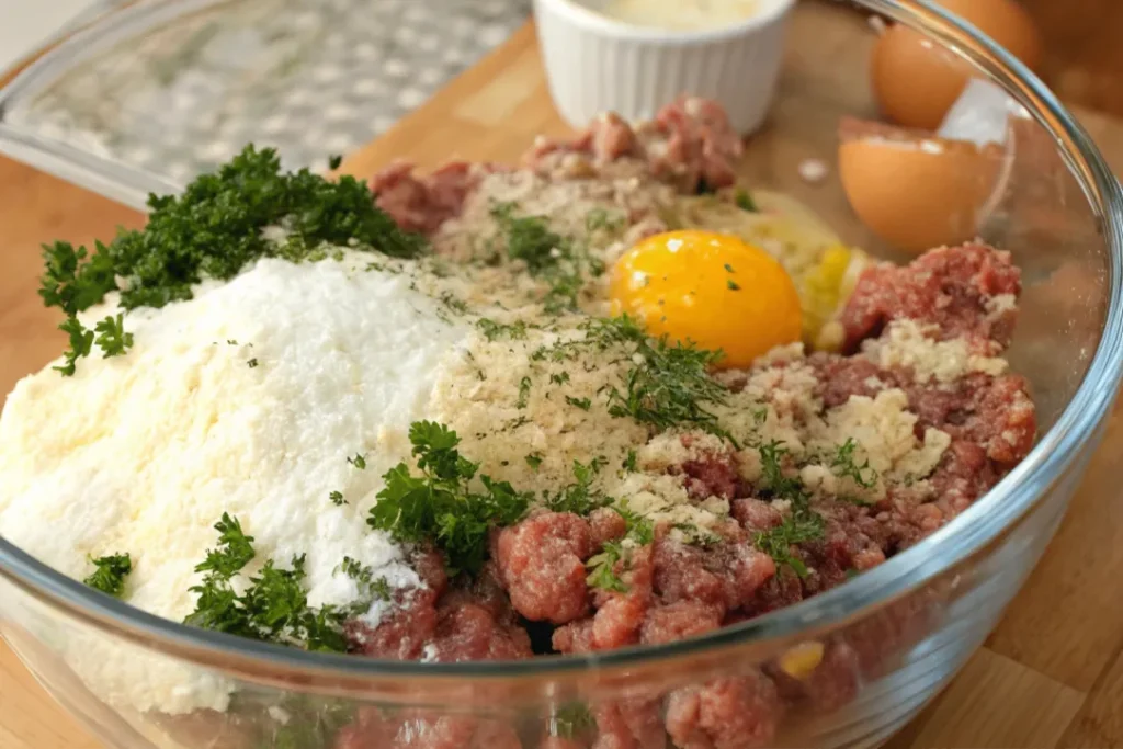 Ground beef, pork, Parmesan, and herbs mixed together for chef john's italian meatballs