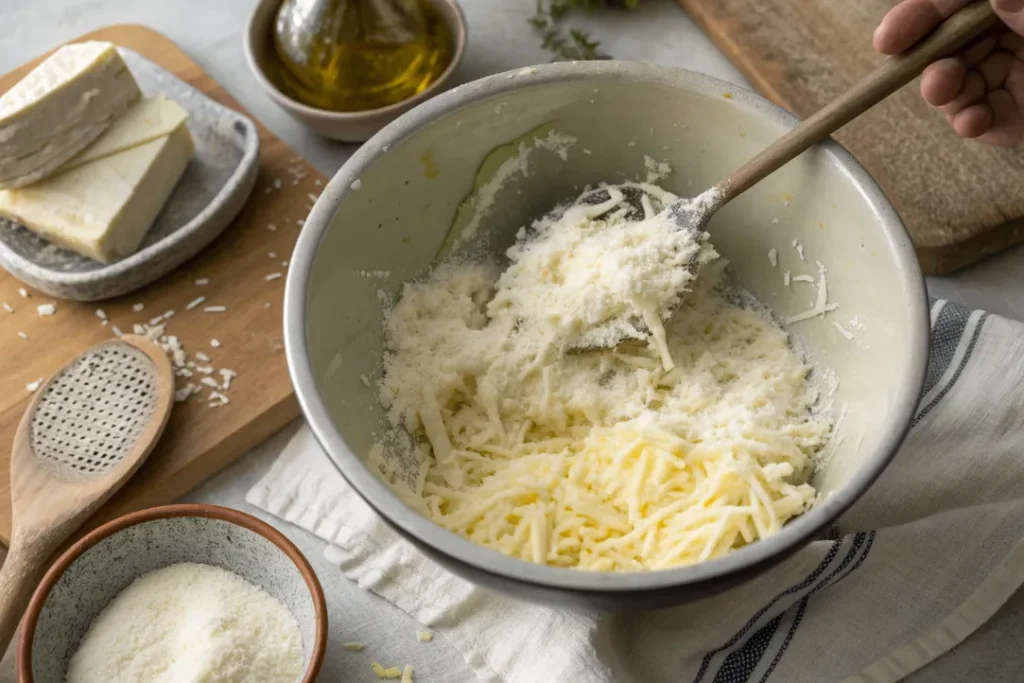 Creamy ricotta, mozzarella, and parmesan being mixed for Instant Pot Lasagna filling