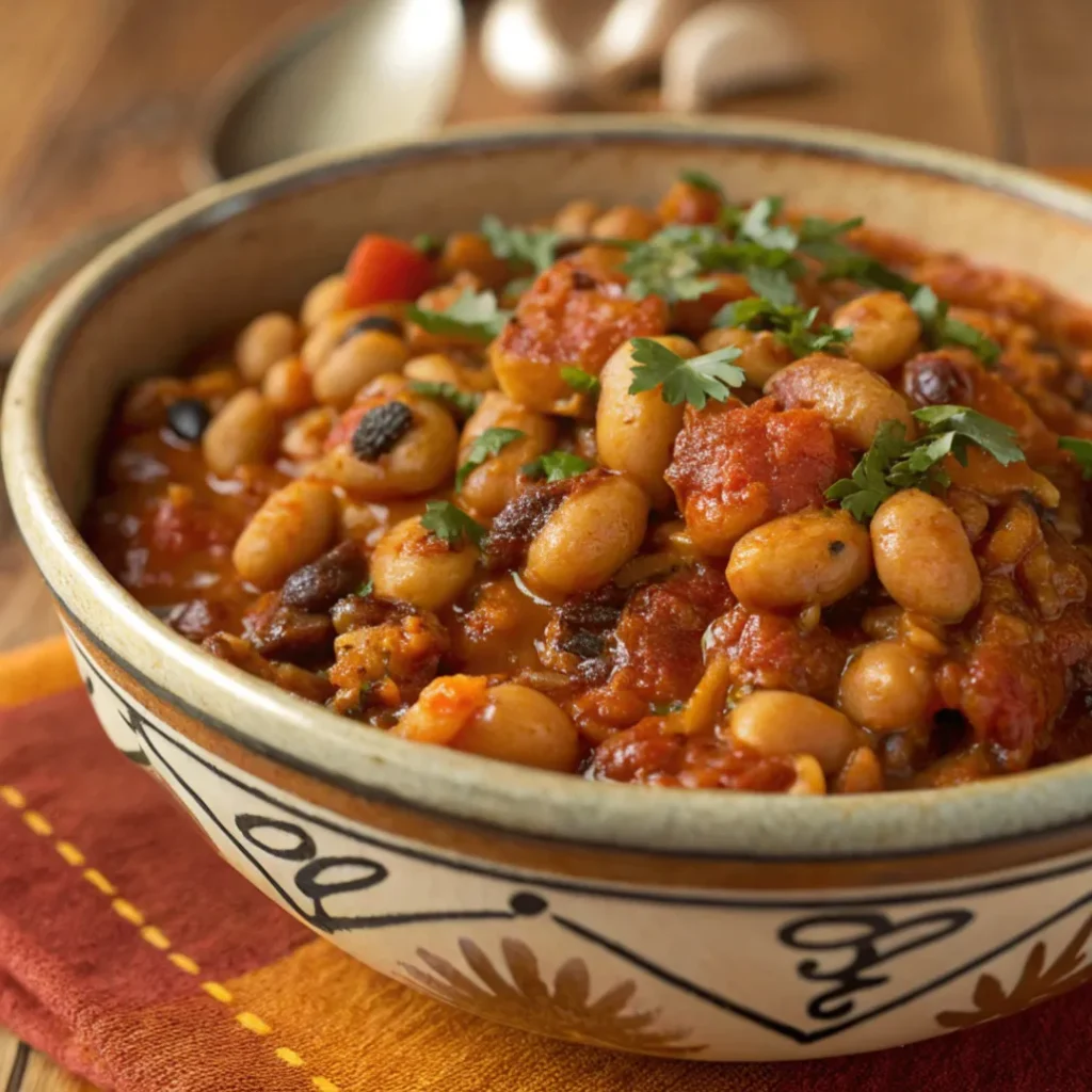 A close-up bowl of Moroccan Black-Eyed Peas Cowpeas stew cooked in a tomato sauce with spices and fresh herbs.