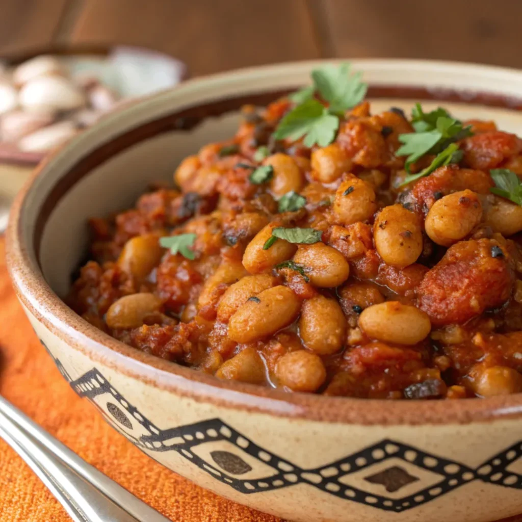 A close-up bowl of Moroccan Black-Eyed Peas Cowpeas stew cooked in a tomato sauce with spices and fresh herbs.