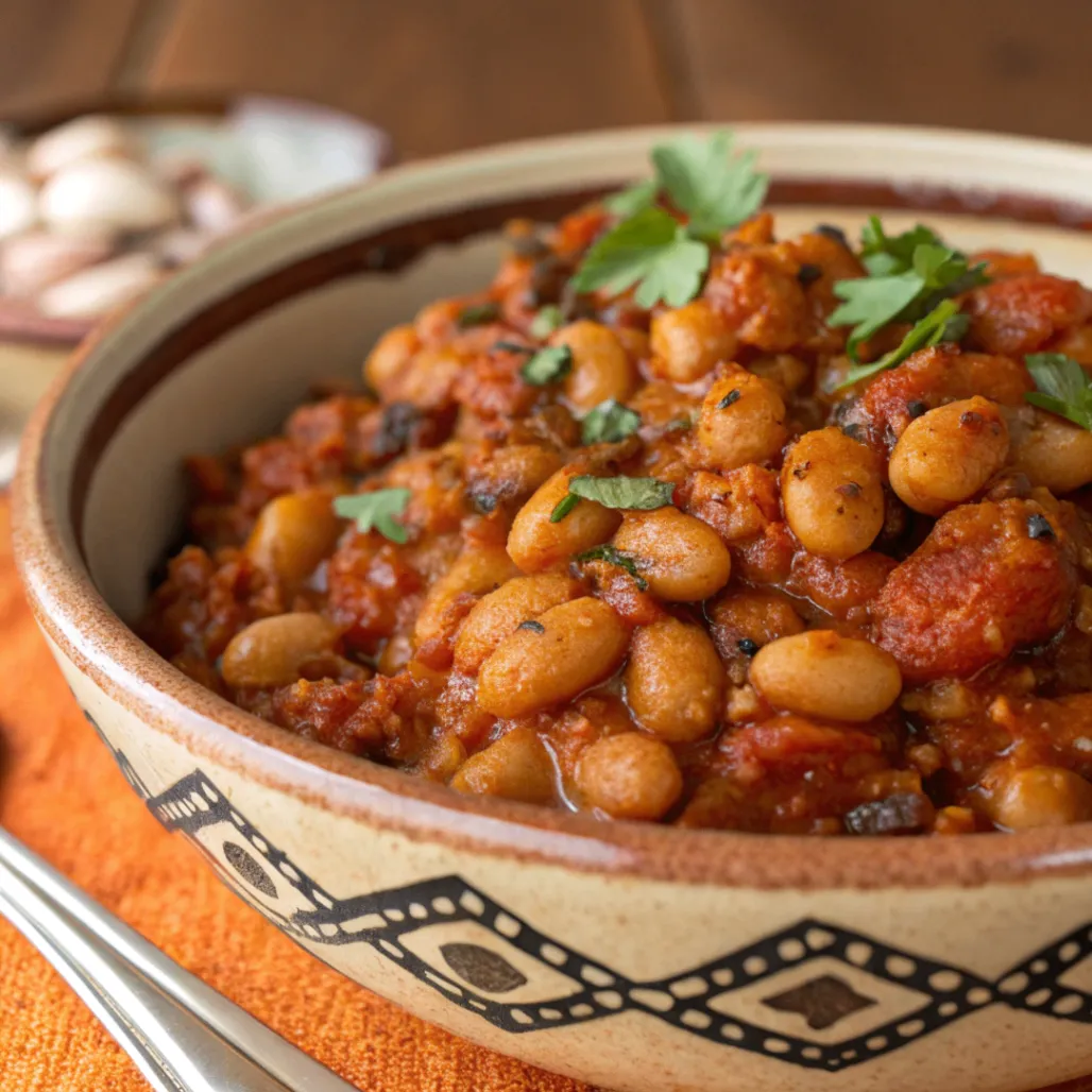 A close-up bowl of Moroccan Black-Eyed Peas Cowpeas stew cooked in a tomato sauce with spices and fresh herbs.