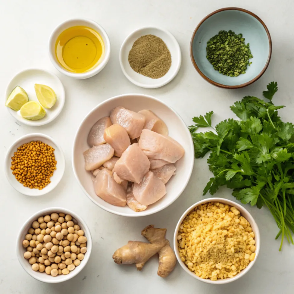 Ingredients for Moroccan Chicken Rfissa arranged in white bowls including chicken, onions, lentils, spices, herbs, and smen