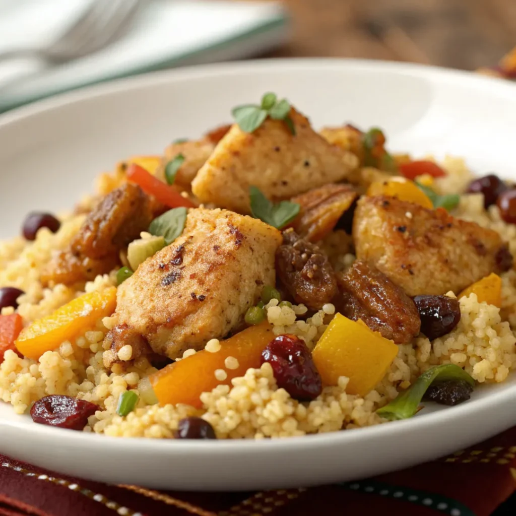 Ultra realistic close up of Moroccan Chicken and Whole Grain Couscous served on a white plate with herbs and vegetables.