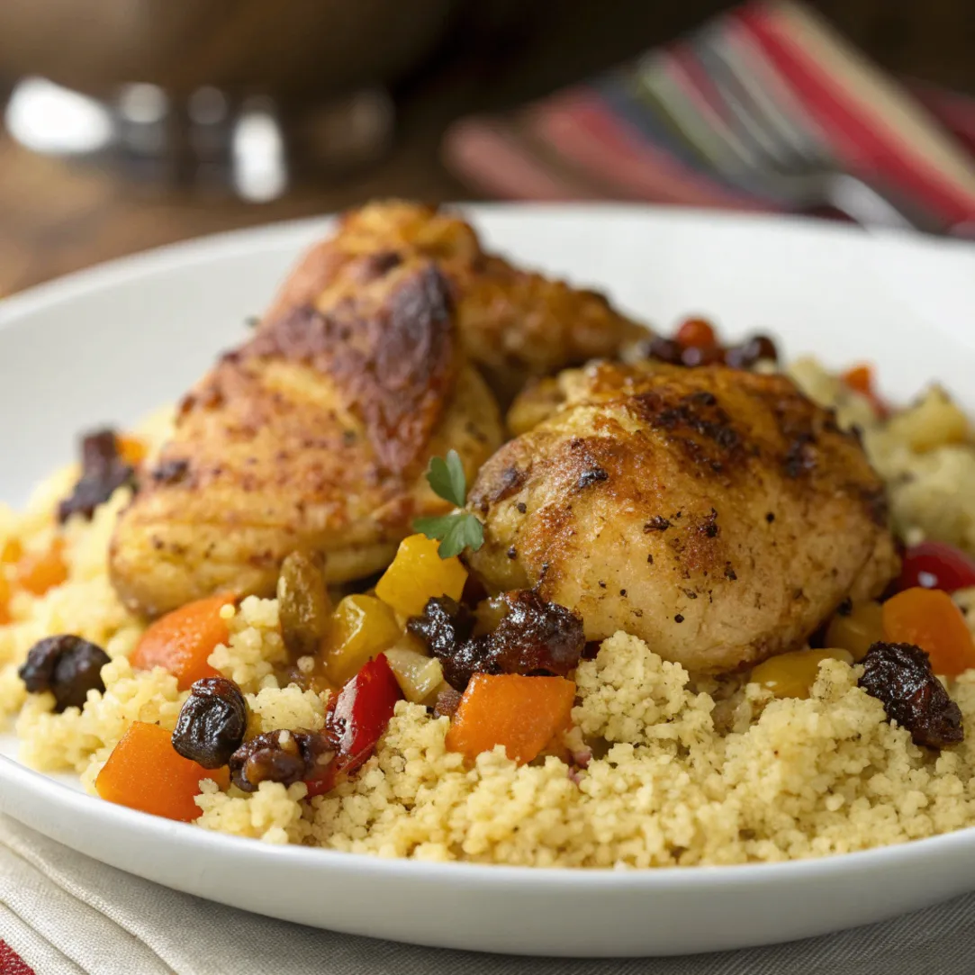 Ultra realistic close up of Moroccan Chicken and Whole Grain Couscous served on a white plate with herbs and vegetables.