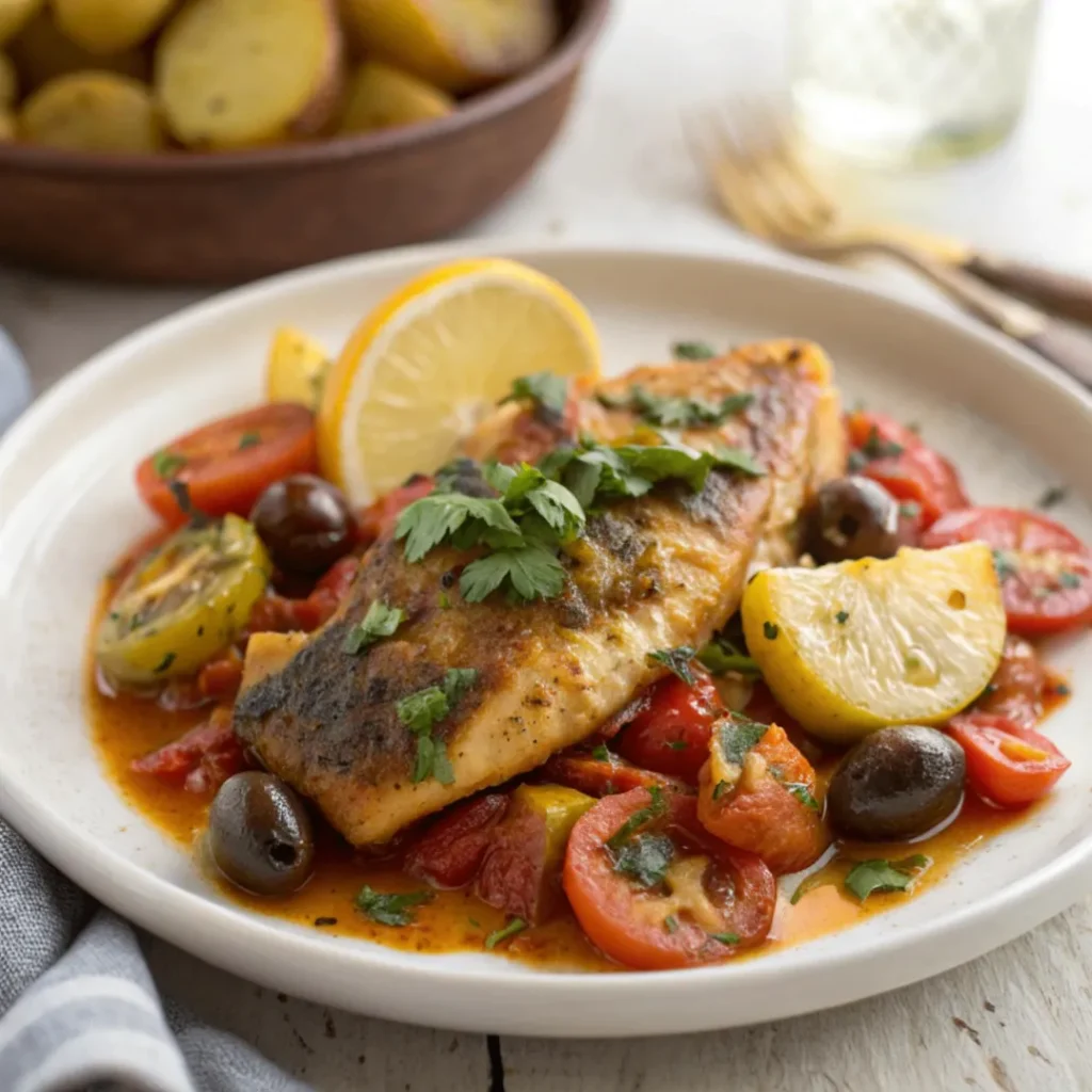 Oven baked Moroccan Fish Tagine with chermoula, potatoes, tomatoes, olives, and preserved lemon served on a white plate
