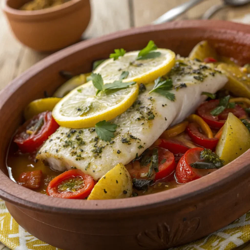 Oven baked Moroccan Fish Tagine with chermoula, potatoes, tomatoes, olives, and preserved lemon served on a white plate