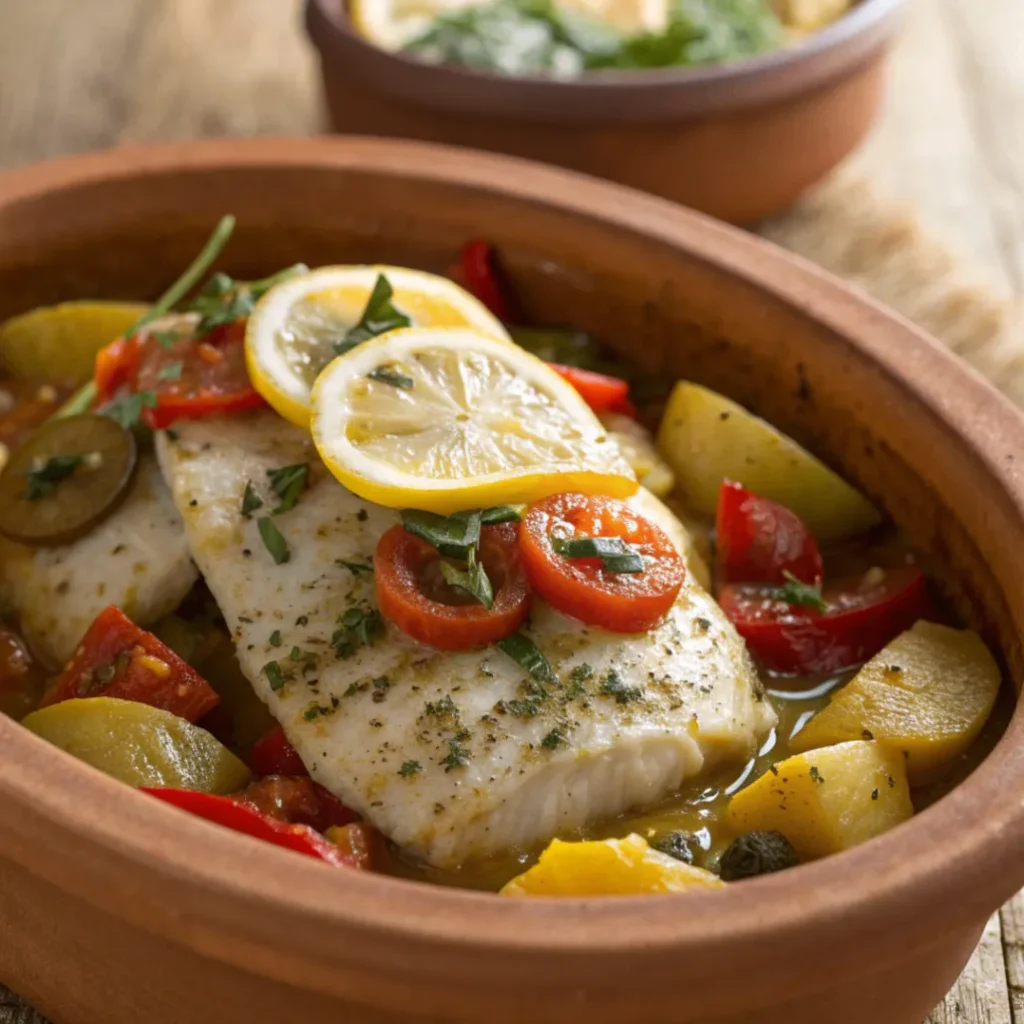 Oven baked Moroccan Fish Tagine with chermoula, potatoes, tomatoes, olives, and preserved lemon served on a white plate