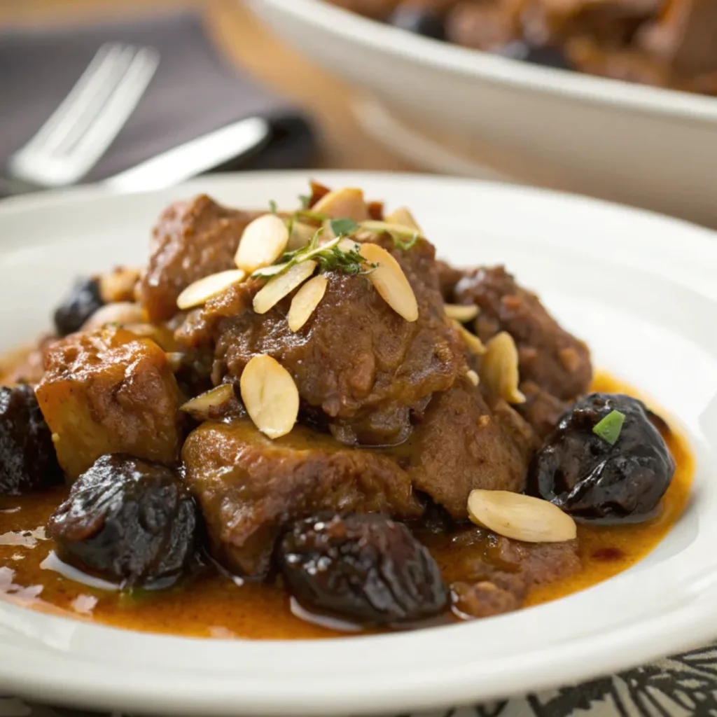 Close up of Moroccan Lamb Tagine with Prunes topped with almonds and cilantro in a white serving dish