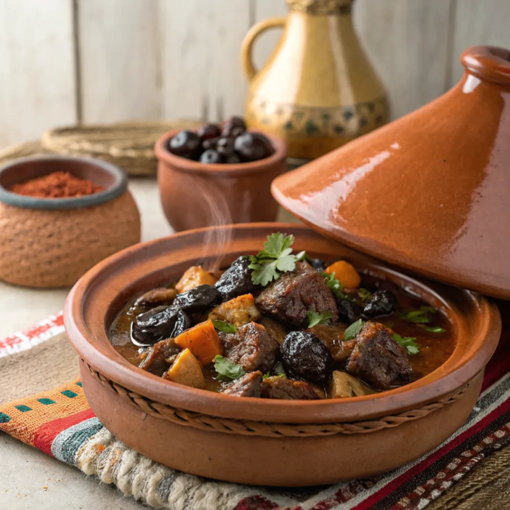 Close up of Moroccan Lamb Tagine with Prunes topped with almonds and cilantro in a white serving dish
