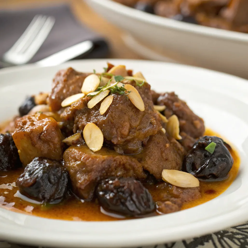 Close up of Moroccan Lamb Tagine with Prunes topped with almonds and cilantro in a white serving dish