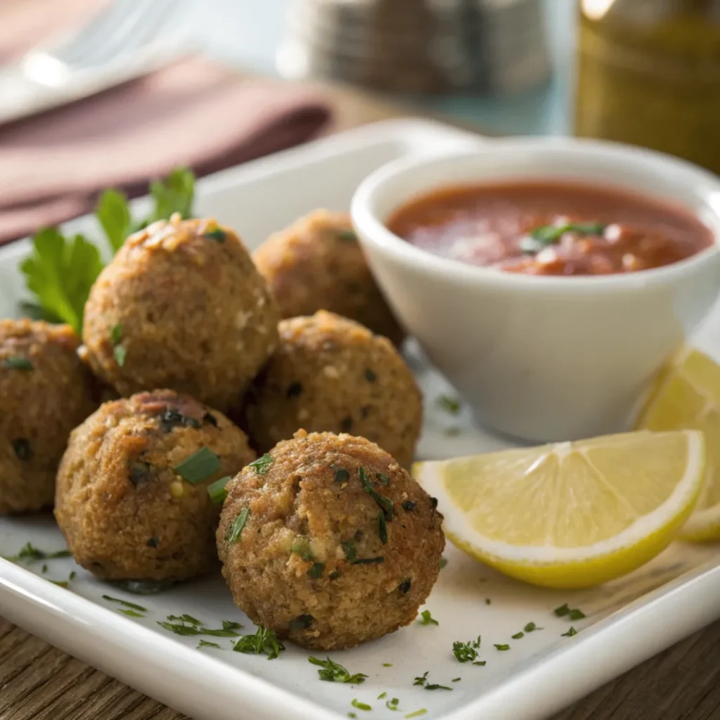 Authentic Moroccan Sardine Balls served on a white plate with herbs