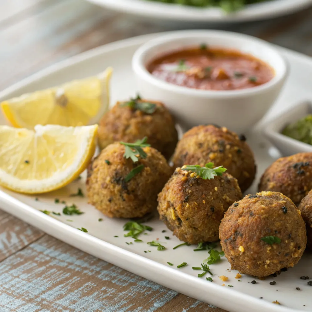 Authentic Moroccan Sardine Balls served on a white plate with herbs