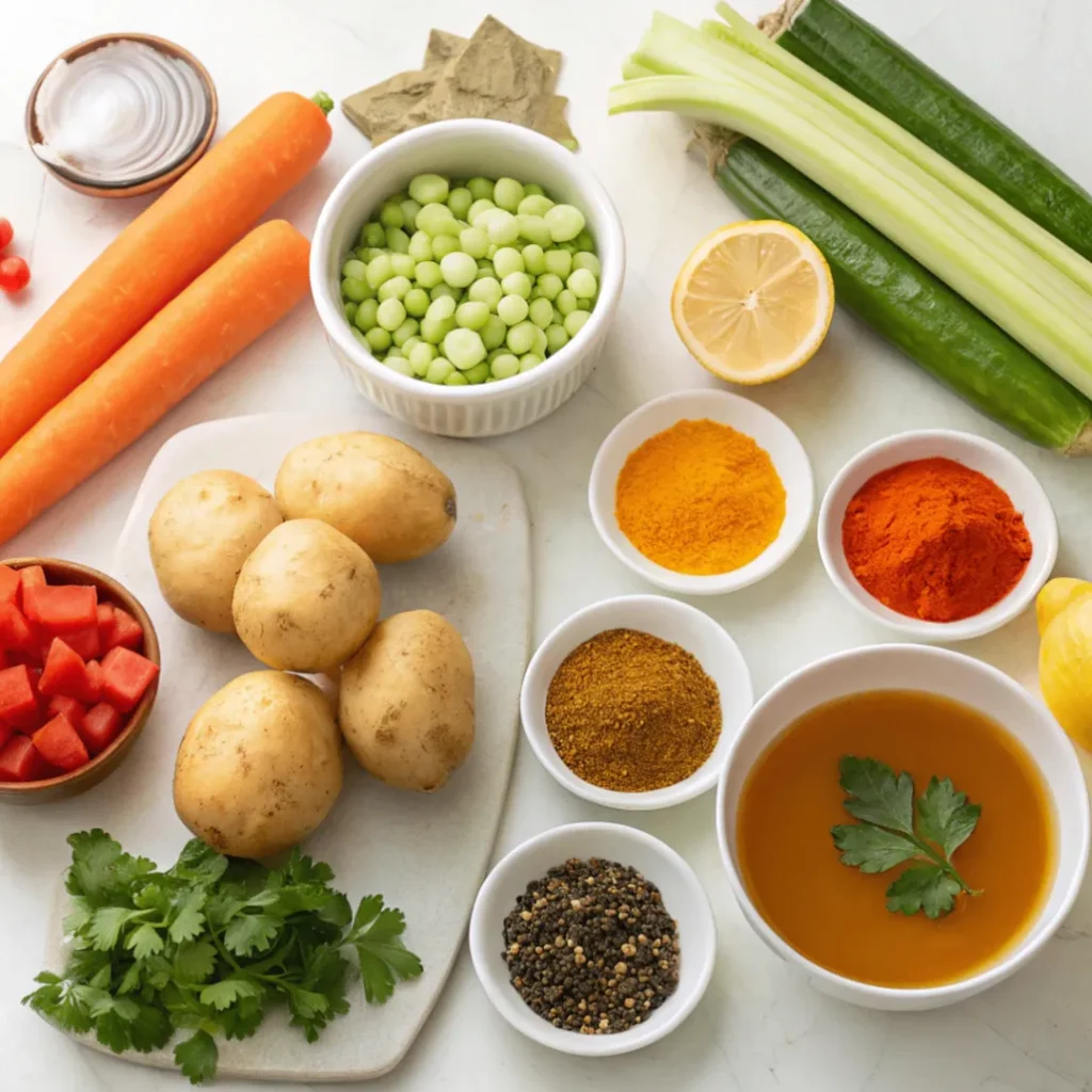 Ingredients for Moroccan Vegetable Soup arranged on a white table in a close up top view shot.