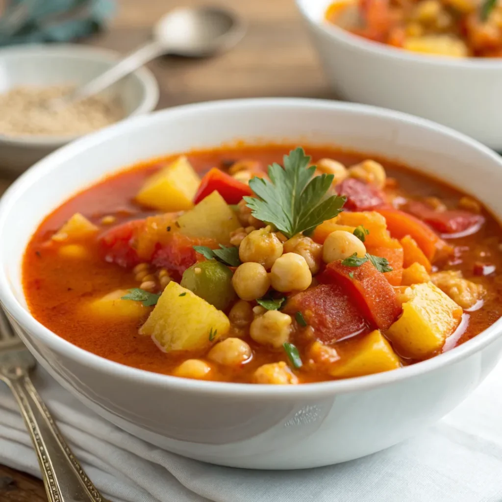 A close up plate shot of Moroccan Vegetable Soup filled with vegetables, chickpeas, and Moroccan spices served in a plain white bowl