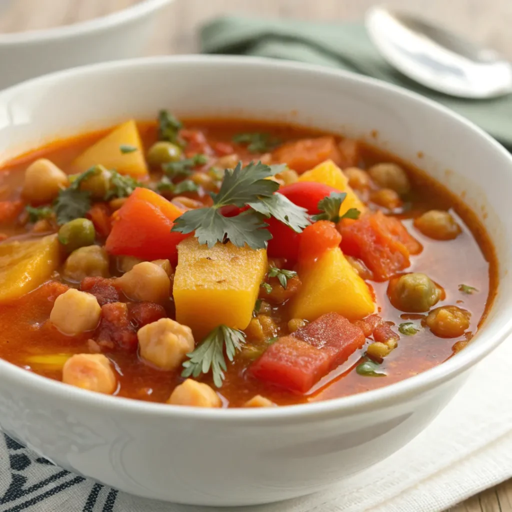 A close up plate shot of Moroccan Vegetable Soup filled with vegetables, chickpeas, and Moroccan spices served in a plain white bowl