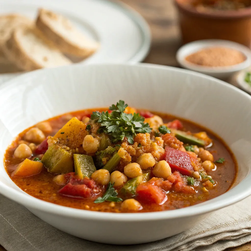 A close up plate shot of Moroccan Vegetable Soup filled with vegetables, chickpeas, and Moroccan spices served in a plain white bowl