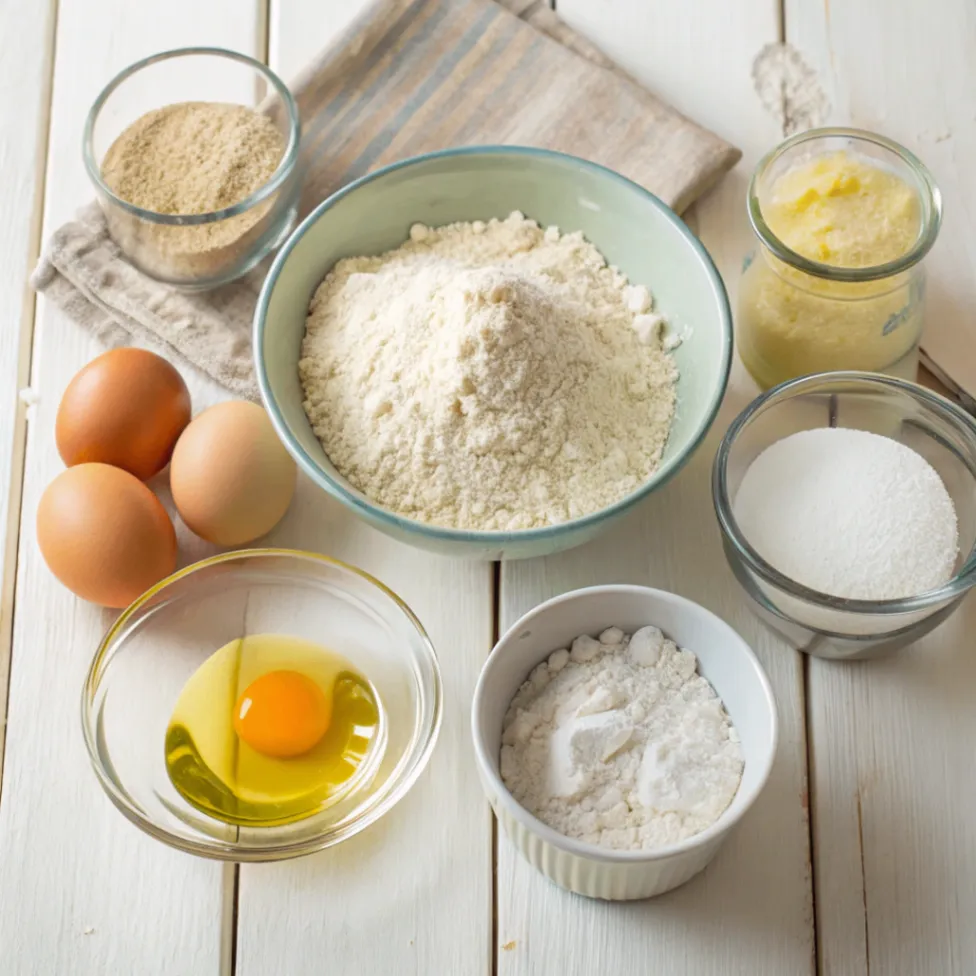 Overhead view of Msemen ingredients including flour, semolina, water, oil, salt, and butter arranged in bowls