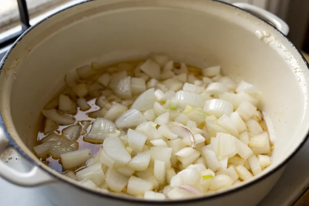 Diced onions cooking slowly in oil inside a white enamel pot.