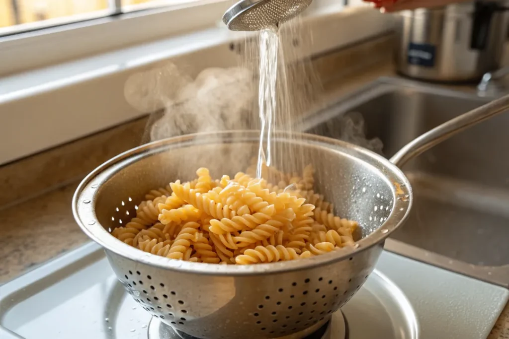 Al dente rotini pasta draining in a colander for Italian Pasta Salad