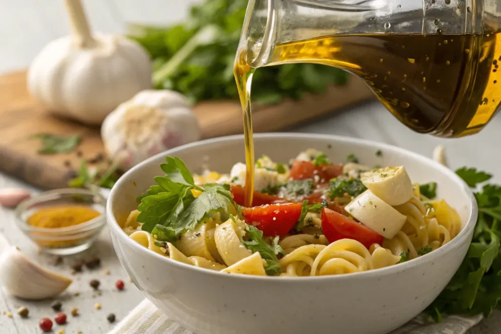 Italian dressing poured over pasta and vegetables