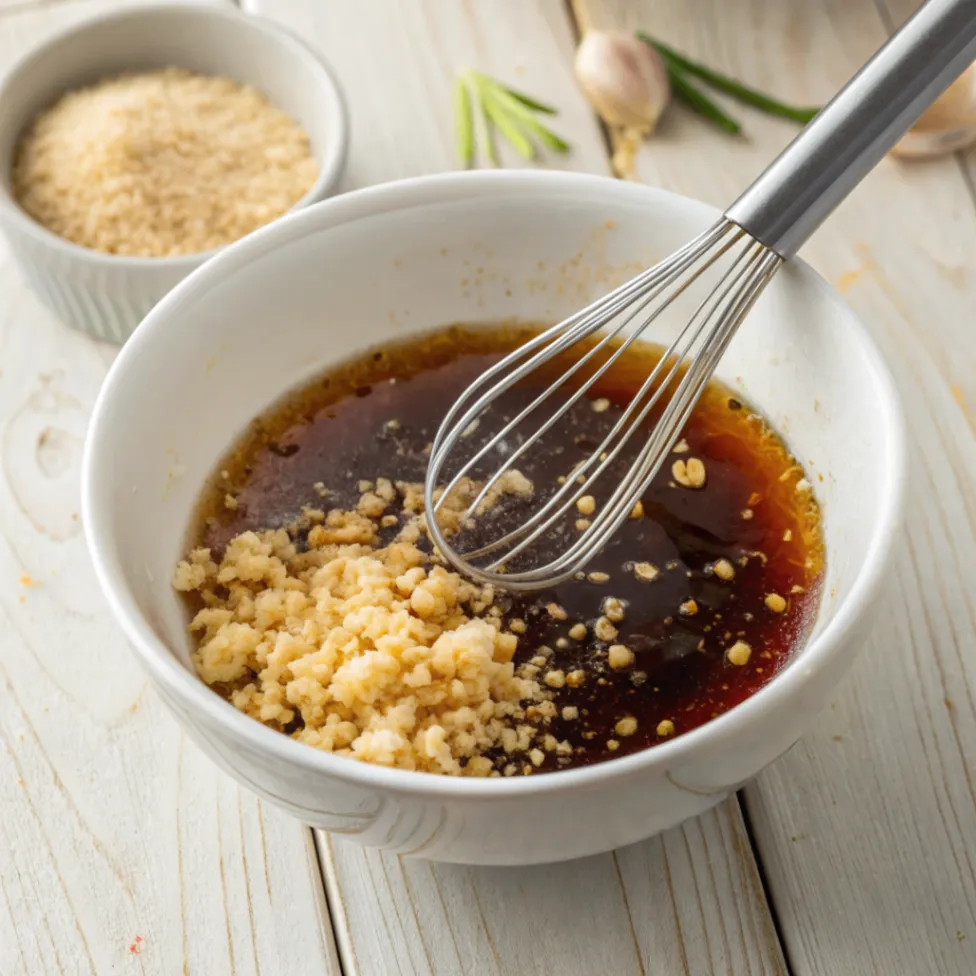 Bowl of soy sauce, honey, garlic, and ginger being whisked for Asian Salmon marinade