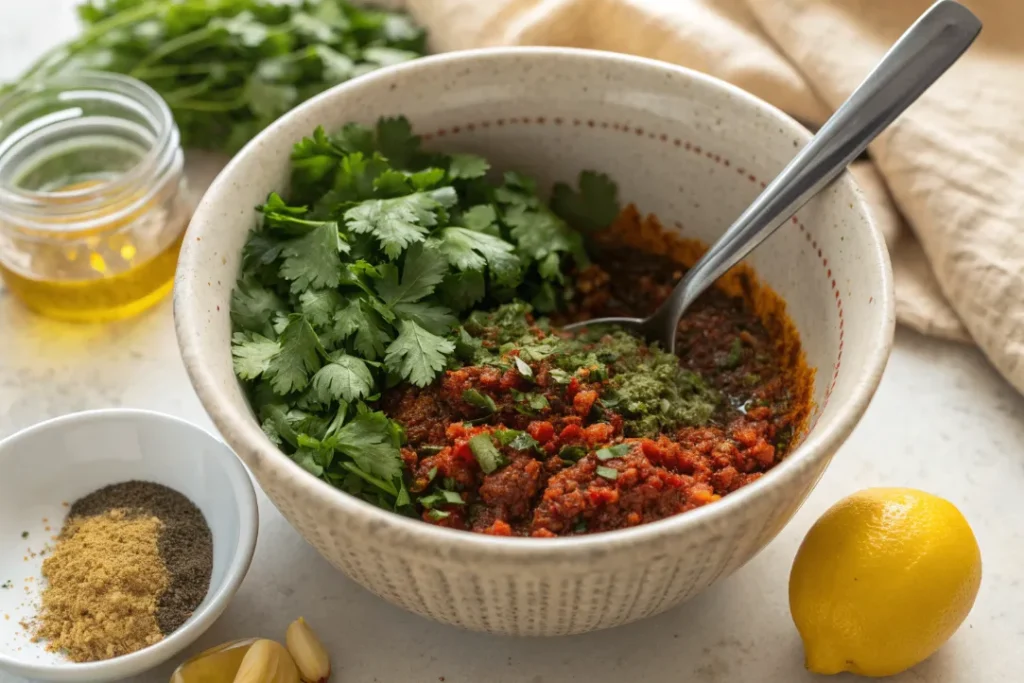 Bowl of fresh Moroccan chermoula marinade used for Sardine Tagine.