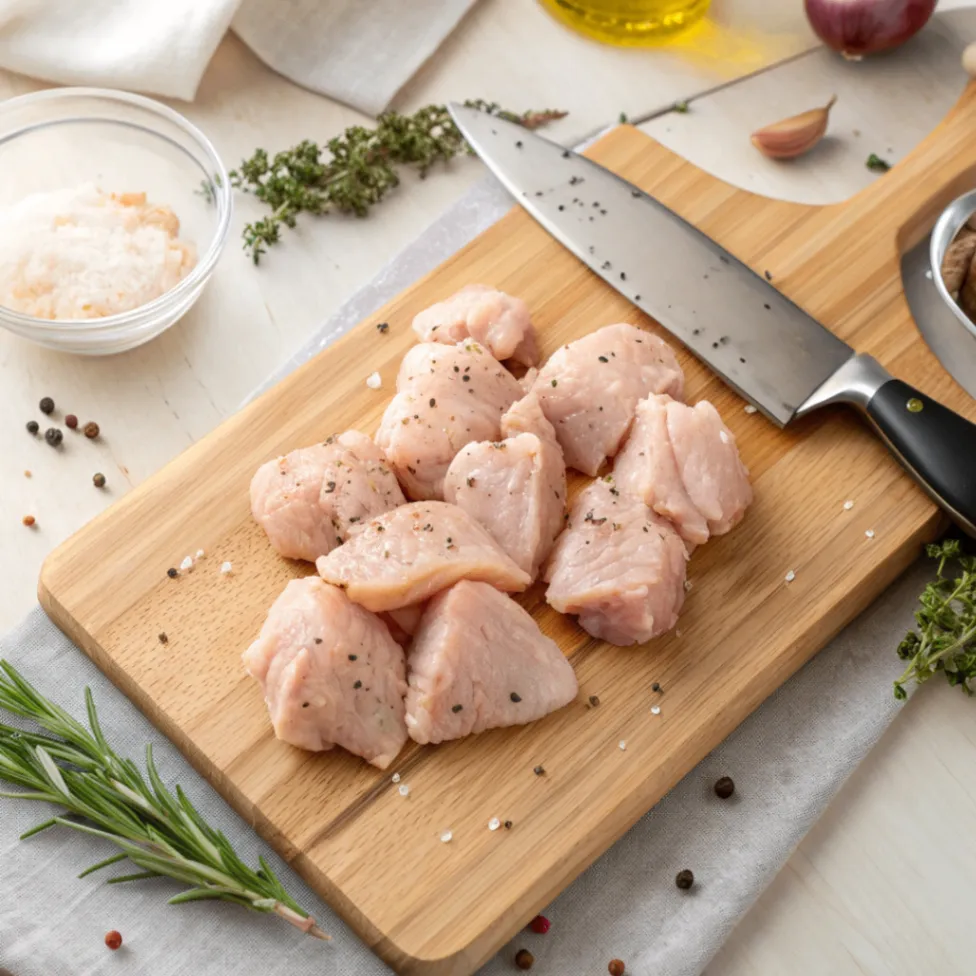 Raw seasoned chicken pieces on a wooden board ready for Asian Style Honey Chicken