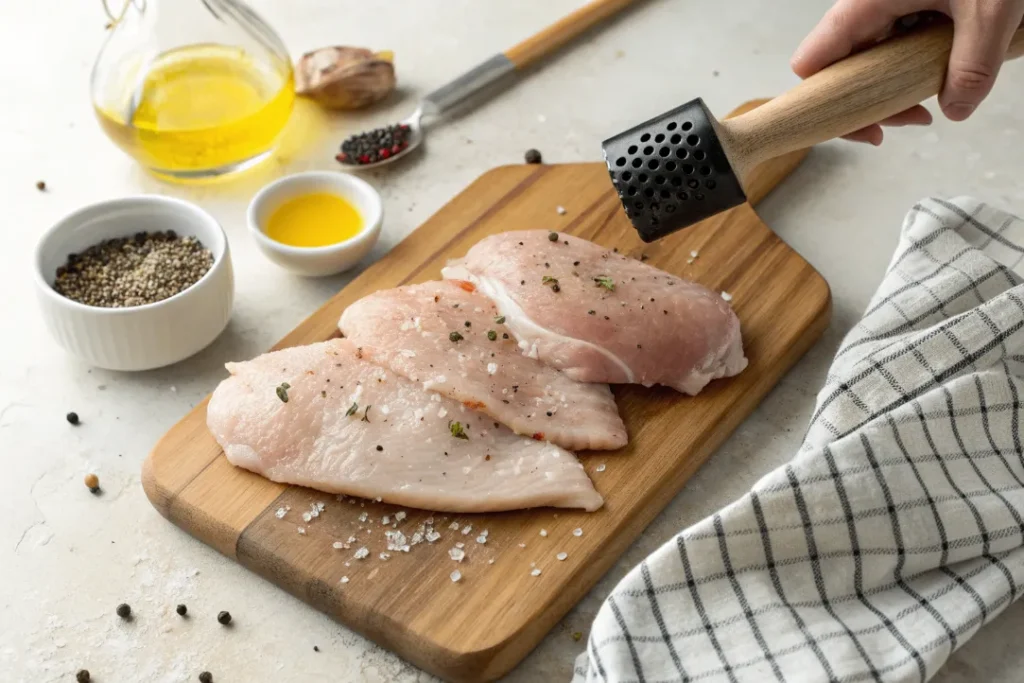Flattened chicken breasts seasoned with salt and pepper on a wooden board