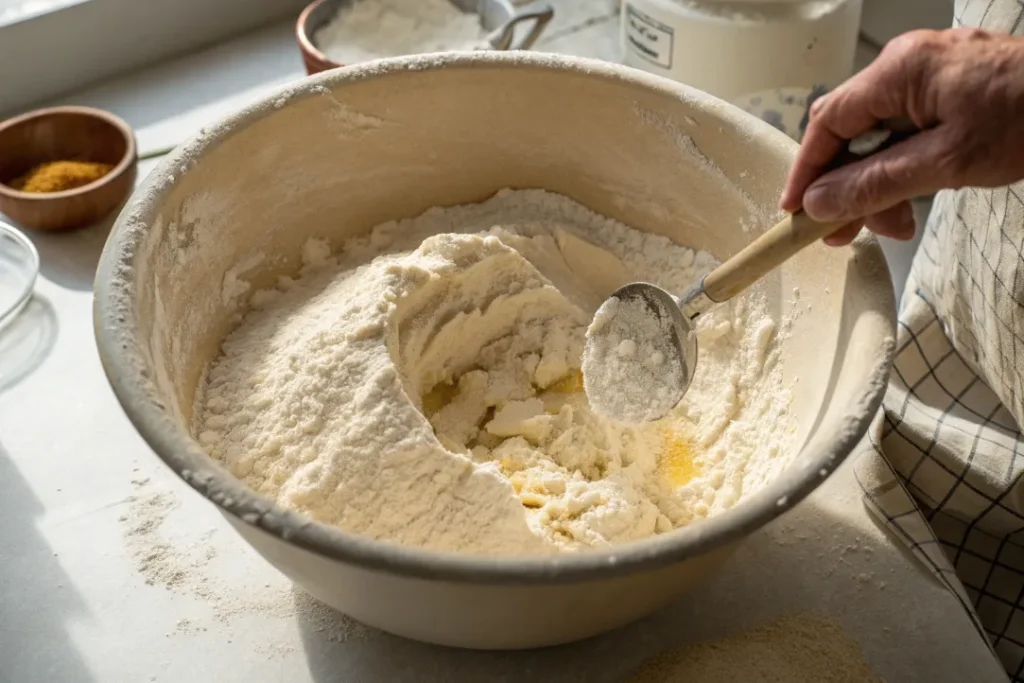 Mixing flour, semolina, and water to form smooth Msemen dough