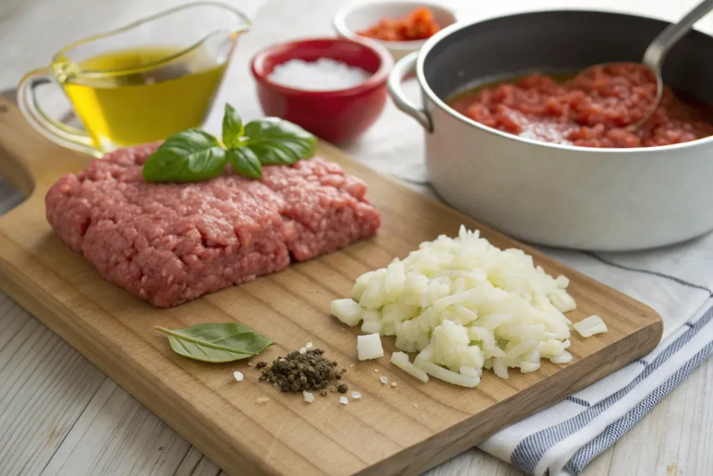 Ingredients arranged for making Italian Lasagna meat sauce including onions, garlic, beef, pork, basil, and crushed tomatoes.
