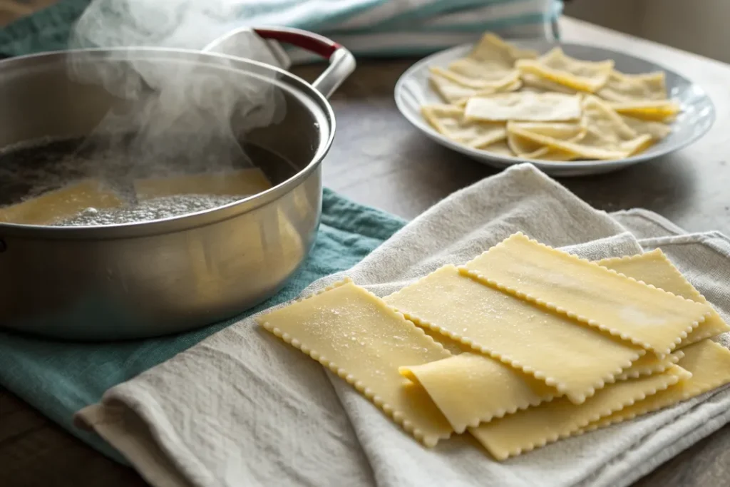 Lasagna pasta sheets being cooked and dried in preparation for layering Italian Lasagna.
