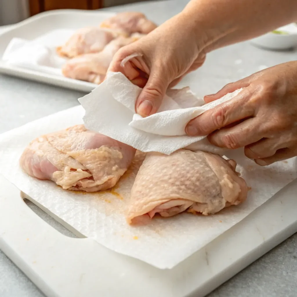 Close-up of raw chicken thighs being dried with paper towels before seasoning.