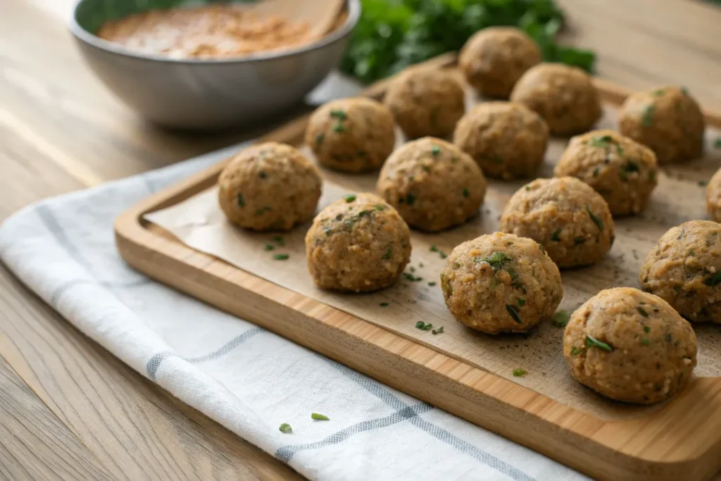 Close-up of vegan lentil meatballs rolled and ready for baking for Italian Wedding Soup Vegan.