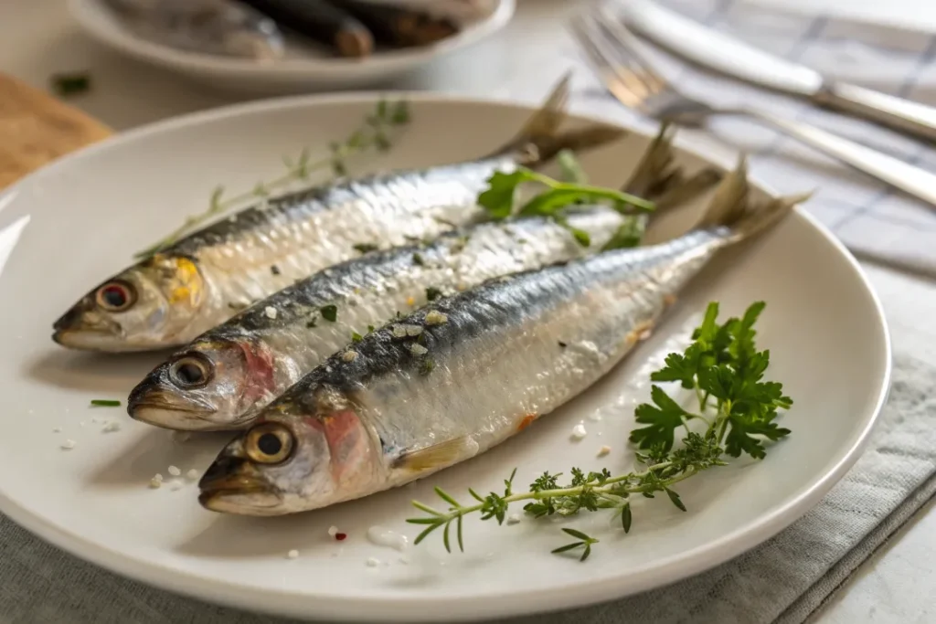 Fresh sardines cleaned and deboned on a white plate for Moroccan Sardine Balls
