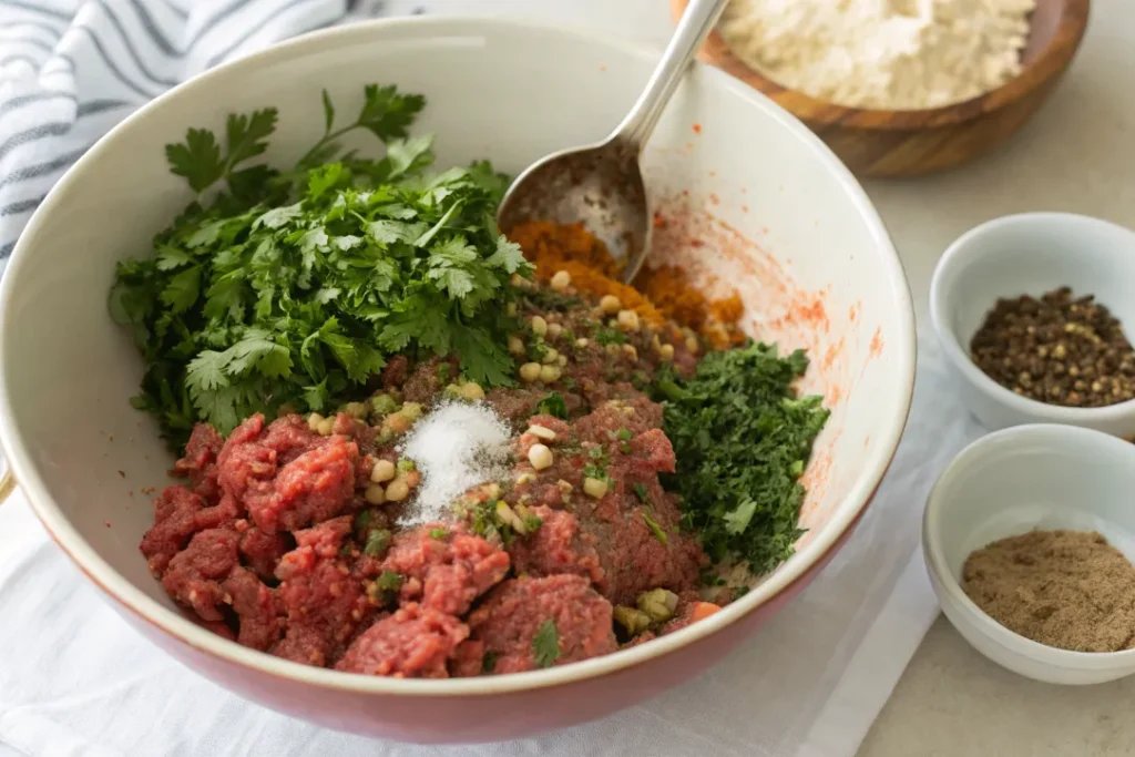 Ground meat mixed with herbs and spices to make kefta for Moroccan tagine.