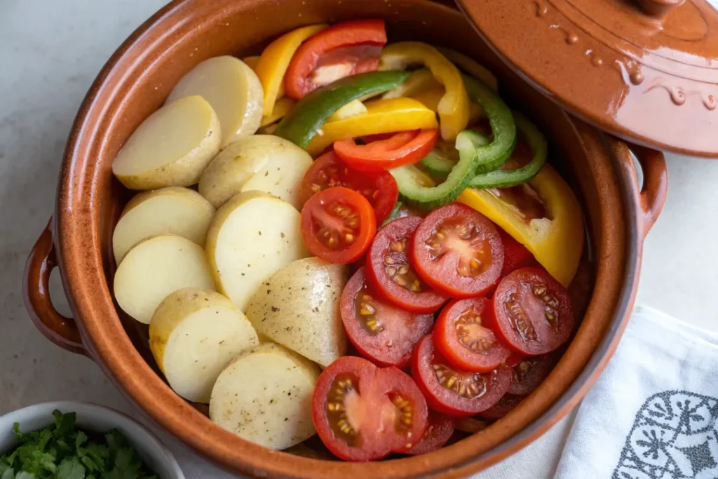 Potatoes, tomatoes, and peppers arranged inside a tagine base for Sardine Tagine.