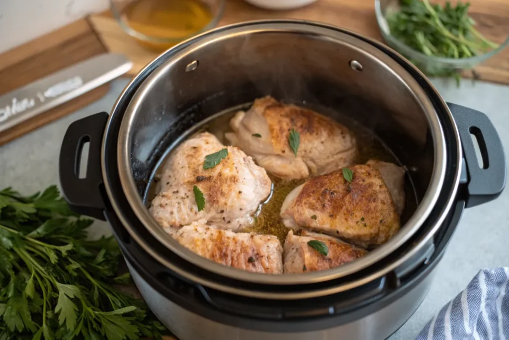 Chicken in Instant Pot with broth and sage before cooking