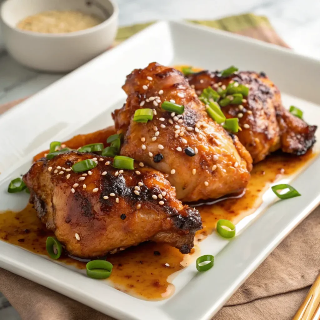 Close-up of Asian marinated chicken thighs with sesame glaze and green onions served on a white plate