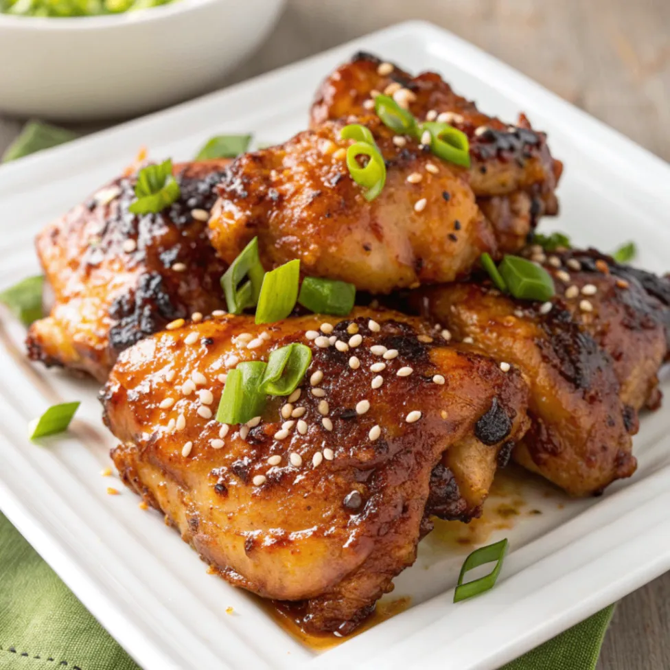 Close-up of Asian marinated chicken thighs with sesame glaze and green onions served on a white plate