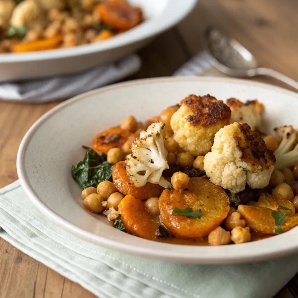 Close up overhead shot of roasted cauliflower, apricots and chickpea tagine served in a white plate with golden spiced sauce.