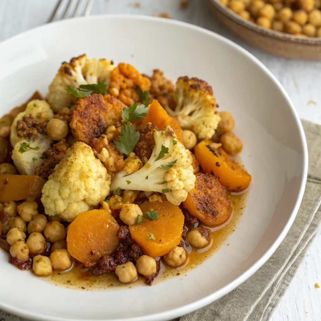 Close up overhead shot of roasted cauliflower, apricots and chickpea tagine served in a white plate with golden spiced sauce.