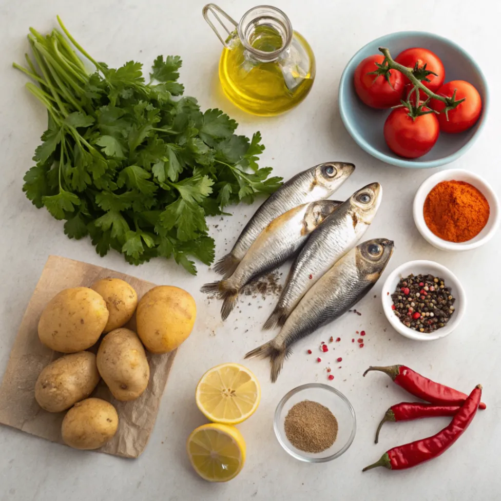 Fresh ingredients for Sardine Tagine including sardine fillets, herbs, spices, and vegetables arranged on a white surface.