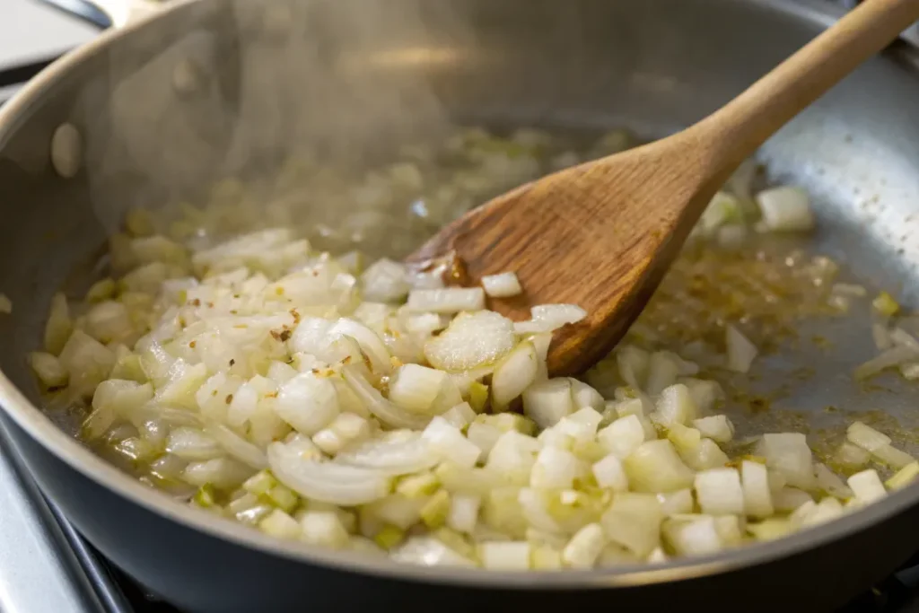Onions and garlic sautéing in a pot for chicken tagine